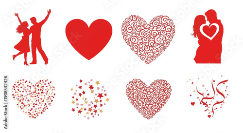 A collection of red heart shapes and silhouettes depicting couples in loving and celebratory poses high quality professional detailed