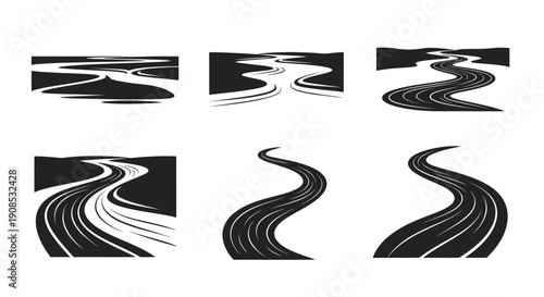 A collection of stylized monochromatic river or stream designs arranged in a grid format showcasing flowing water high quality