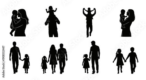 A collection of black silhouettes depicts various family interactions including embraces walks and playful moments high quality professional detailed
