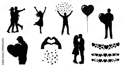 A collection of black silhouette figures depicting romantic interactions celebrations and heartfelt expressions of love high quality professional detailed