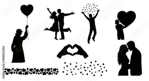 A collection of black silhouette figures depicts joyous celebrations of love affection and romantic connection high quality professional detailed