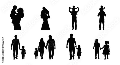 A collection of black silhouette figures depicting various family interactions and relationships showing connection high quality professional detailed modern