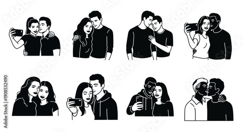 A collection of black and white illustrations depicting diverse couples embracing and taking selfies together high quality professional detailed