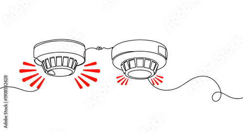 Line drawing of fire alarm systems with red lights activated on a transparent background, illustrating safety features in indoor settings with wires visible.