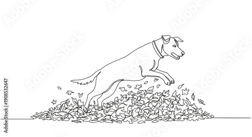 Line drawing of a dog jumping in leaves on a transparent background during autumn in a playful and energetic pose showcasing fun and movement