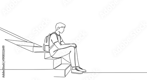 Line drawing of a person sitting on a bench with a backpack looking towards the horizon on a transparent background