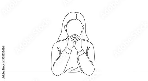 Line drawing of a woman sitting with hands clasped in prayer on a transparent background expressing emotion and contemplation in a minimalist style