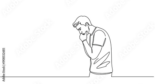 Line drawing of a man with head down, expressing sadness or distress on a transparent background