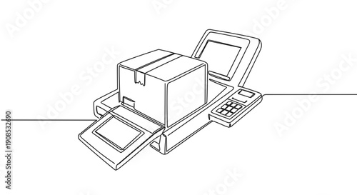 Line drawing of a package being scanned on a printer in a home office on a transparent background