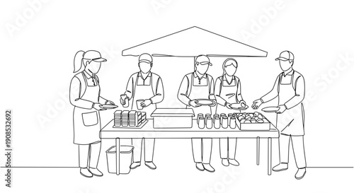 Line drawing of food vendors preparing meals outdoors at a festive event with multiple people working together under a tent on a transparent background