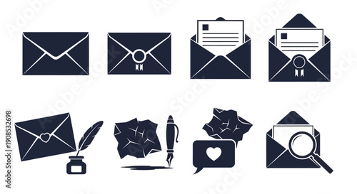 A collection of dark blue envelope icons quill pens and related communication symbols on a white background high quality