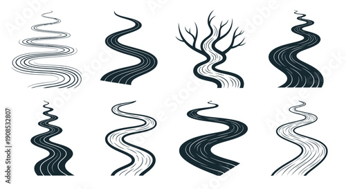 A collection of stylized wavy lines and a bare tree design presented in varying shades and patterns high quality