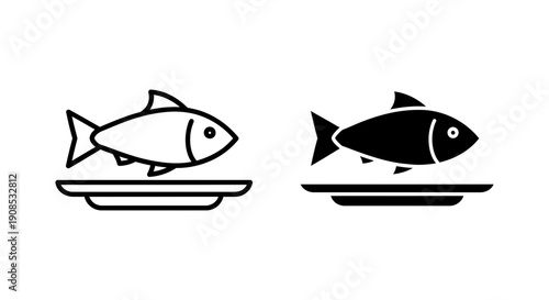 Cooked Fish on Plate Icon Set: Outline and Solid Black Flat Vector Design for Seafood Restaurants, Healthy Meals, and Food Menus