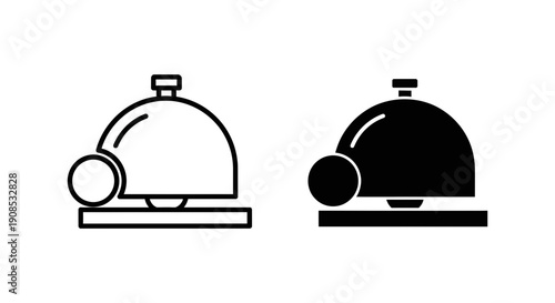 Hotel Service Bell Icon Set: Outline and Solid Black Flat Vector Design for Hospitality, Reception, and Customer Assistance