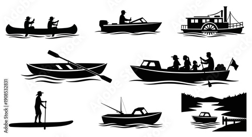 A collection of black silhouette illustrations depicting various watercraft and people enjoying time on the water high quality professional