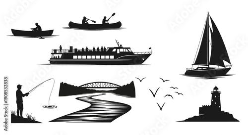 A black and white illustration depicts various water vessels a fisherman birds and coastal landmarks near the sea