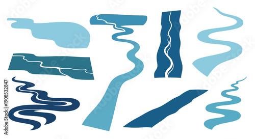 An abstract arrangement of varying blue shapes resembling water currents waves and fluid dynamics high quality professional detailed modern