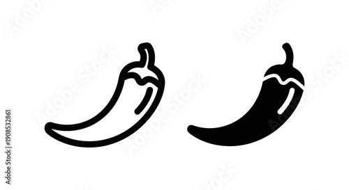 Spicy Chili Pepper Icon Set: Outline and Solid Black Flat Vector Design for Food, Cooking, Mexican Cuisine, and Heat Themes
