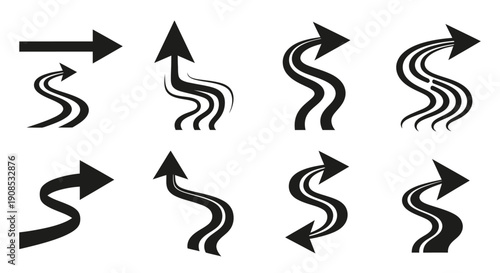 A collection of eight distinct stylized black arrows pointing in various directions showcasing different curves high quality professional detailed