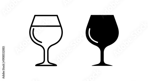 Elegant Wine Glass Icon Set: Outline and Solid Black Flat Vector Design for Restaurant Menus, Bar Services, or Beverage Apps