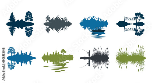 Abstract depictions of mountainous landscapes and trees rendered in dark blue green and gray tones high quality professional detailed