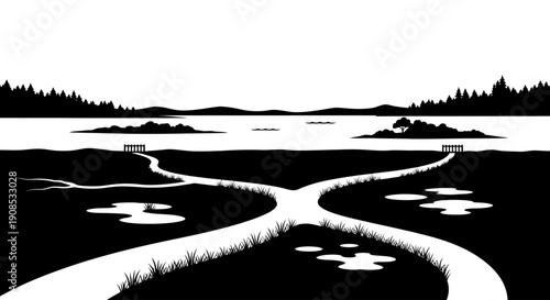 A stark black and white illustration depicts a winding path leading to a lake with small islands and trees high quality