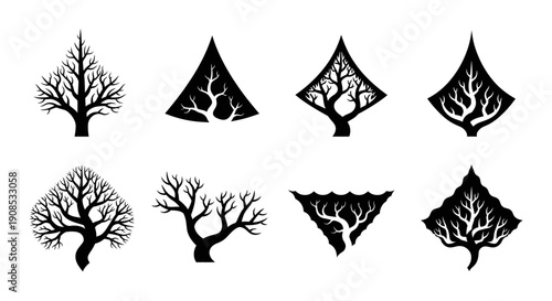 A collection of stylized black silhouettes depicting various trees and leaf shapes in geometric forms high quality professional detailed