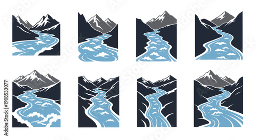 A series of stylized vector illustrations depicting winding rivers flowing through mountainous landscapes with snowy peaks high quality professional