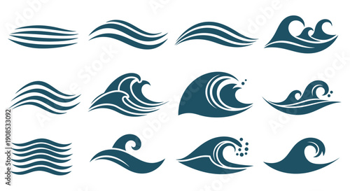 A collection of stylized dark teal wave shapes arranged in a grid depicting ocean currents and movement high quality
