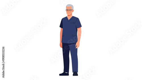Elderly Doctor Wearing Scrubs Illustration - Healthcare Professional Character