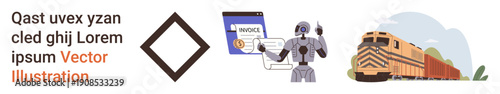Artificial intelligence, digital finance, automation, transportation, technology, railway logistics. A robot analyzing an invoice, abstract symbol and freight train scene. Automation and digital