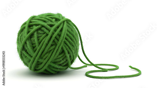  green yarn ball with soft wool texture and loose strand, isolated on white 