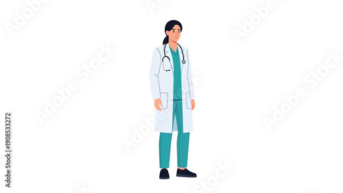 Female Doctor Illustration in White Lab Coat with Stethoscope, Flat Design