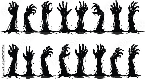 WebBlack silhouette collection of creepy zombie hands reaching up from the ground isolated on white background for spooky Halloween horror and supernatural design project