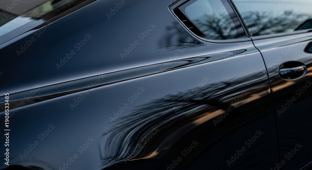 Obraz premium Sleek Black Coupe Captivating Reflections and Automotive Elegance in CloseUp.