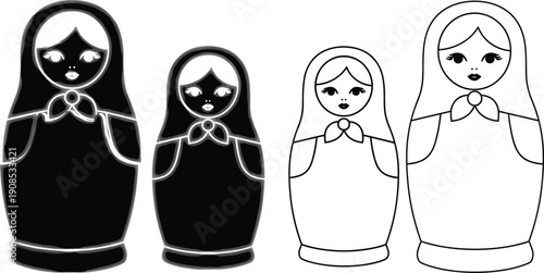 Stylized Russian nesting dolls illustration featuring black and white inverse designs, cultural art concept, vector silhouette outline for creative stock projects