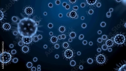 Abstract representation of viruses in motion against a dark background. Visualizing the spread of infectious diseases and the importance of health awareness