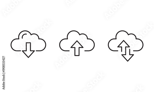 Cloud Storage and Sync Icons Minimalist linear clouds for network services. Includes download, upload, and data synchronization symbols. Perfect for SaaS platforms and cloud-based apps. Vector EPS 10