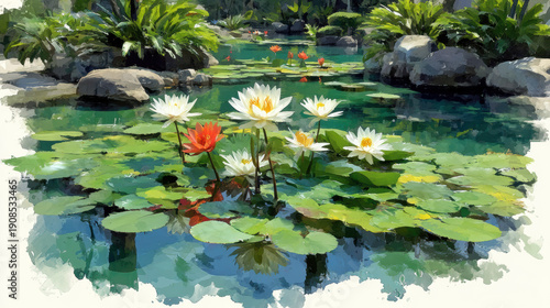 Beautiful water lilies blooming in tranquil pond with lush greenery, vibrant colors, serene water surface, natural landscape, and peaceful outdoor scenery