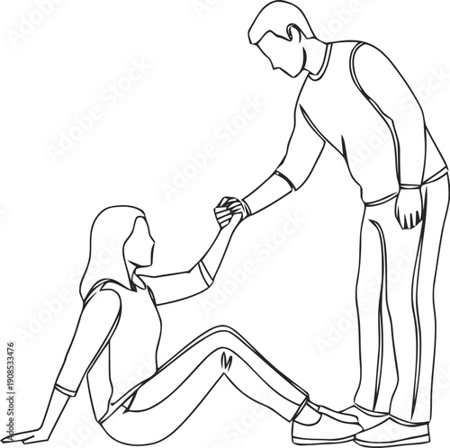 Man helping woman up from seated position