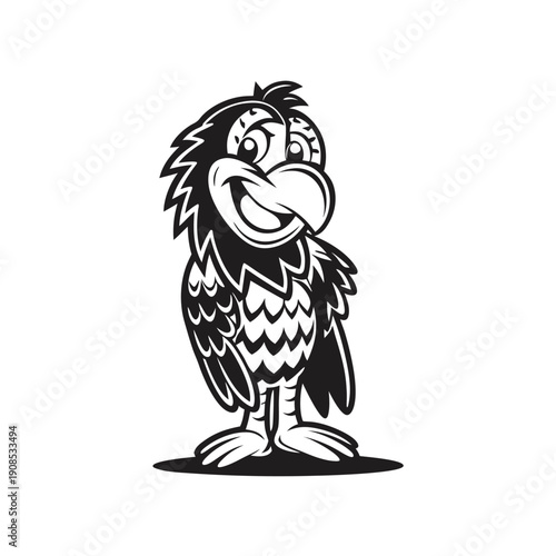 Stylized Black & White Bird, Cartoon Character with Detailed Feathers and Happy Expression