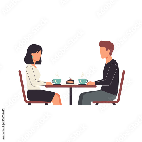 Couple enjoying coffee and cake at a cafe table, romantic date, conversation, leisure