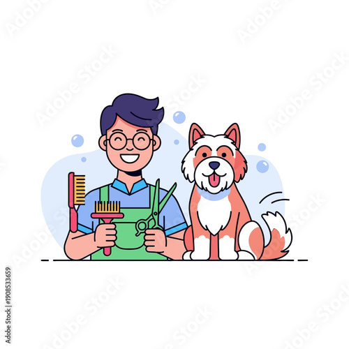 Happy dog groomer with scissors and brushes next to a cute dog, grooming salon concept