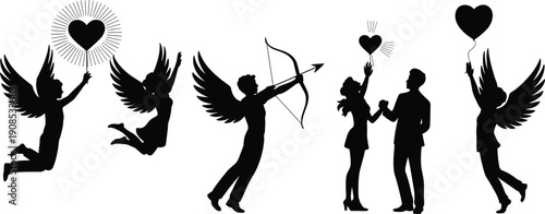 Black and white romantic cupid icon set featuring winged figures, radiant hearts, bow and arrow, couple silhouette, and heart balloon for love and Valentine graphics