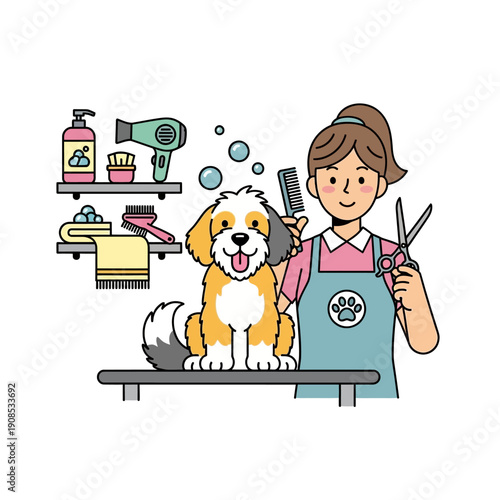 Happy dog getting groomed by a professional groomer with scissors and comb