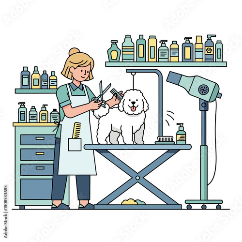 Professional groomer styling a fluffy white dog on a grooming table with tools and dryer