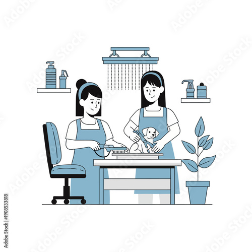 Pet grooming salon: two women washing and grooming a small dog with care