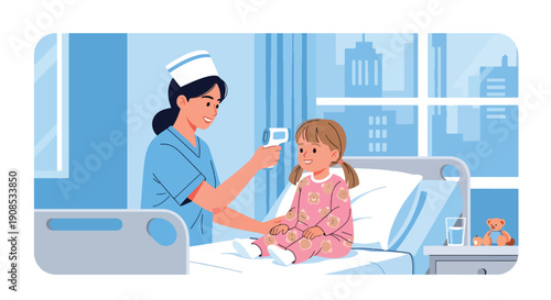 Modern flat vector illustration of nurse checking child’s temperature in hospital room, showing pediatric care, compassion, medical support, and professional healthcare service concept