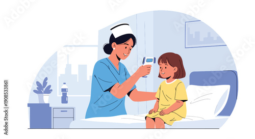 Modern flat vector illustration of nurse checking child’s temperature in hospital room, showing pediatric care, compassion, medical support, and professional healthcare service concept