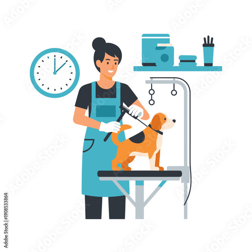 Professional groomer styling a small dog on a grooming table with tools and clock